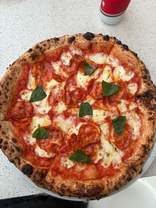 Pizza al salame piccante con mozzarella e basilico, servita su un piatto bianco. Ha una crosta croccante e bruciacchiata.