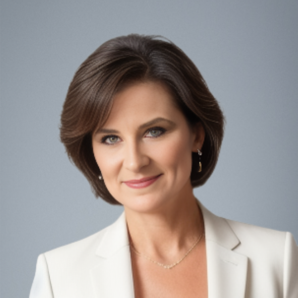 Woman with short, dark hair wearing a white blazer, smiling, and looking at the camera.