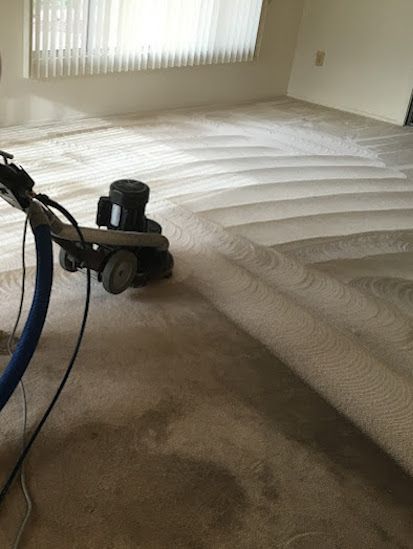 A vacuum cleaner is cleaning a carpet in a living room.