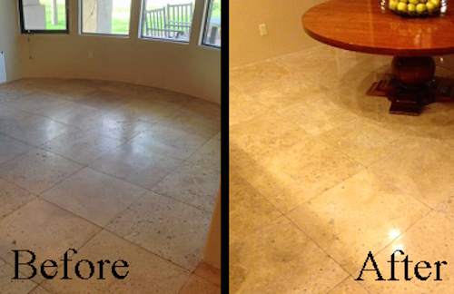 A before and after photo of a tile floor