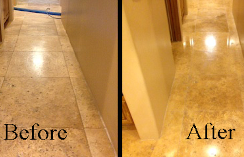 A before and after photo of a tile floor.
