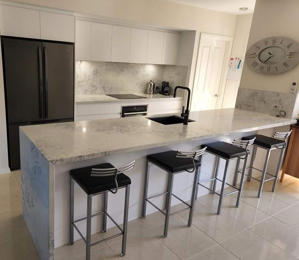 White And Grey Marble Kitchen Bench With Black And Silver Metal Stools  — DMB Kitchens in Port Macquarie, NSW