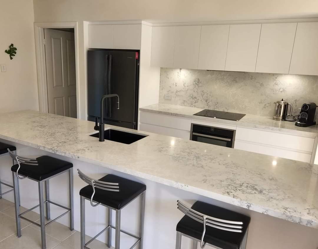 White And Grey Marble Kitchen Bench With Black And Silver Metal Stools  — DMB Kitchens in Port Macquarie, NSW