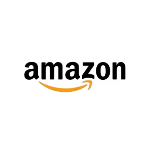 Amazon logo: Black text with a curved orange arrow.