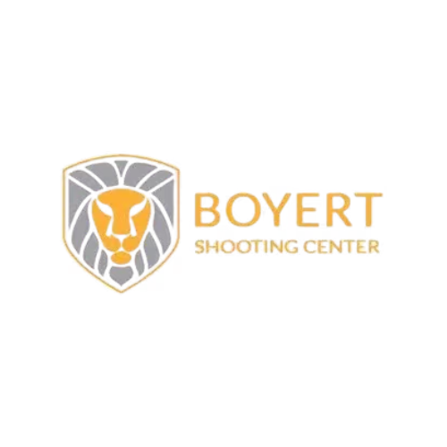 Logo for Boyert Shooting Center: Lion head inside a shield, in gray, yellow, and white.