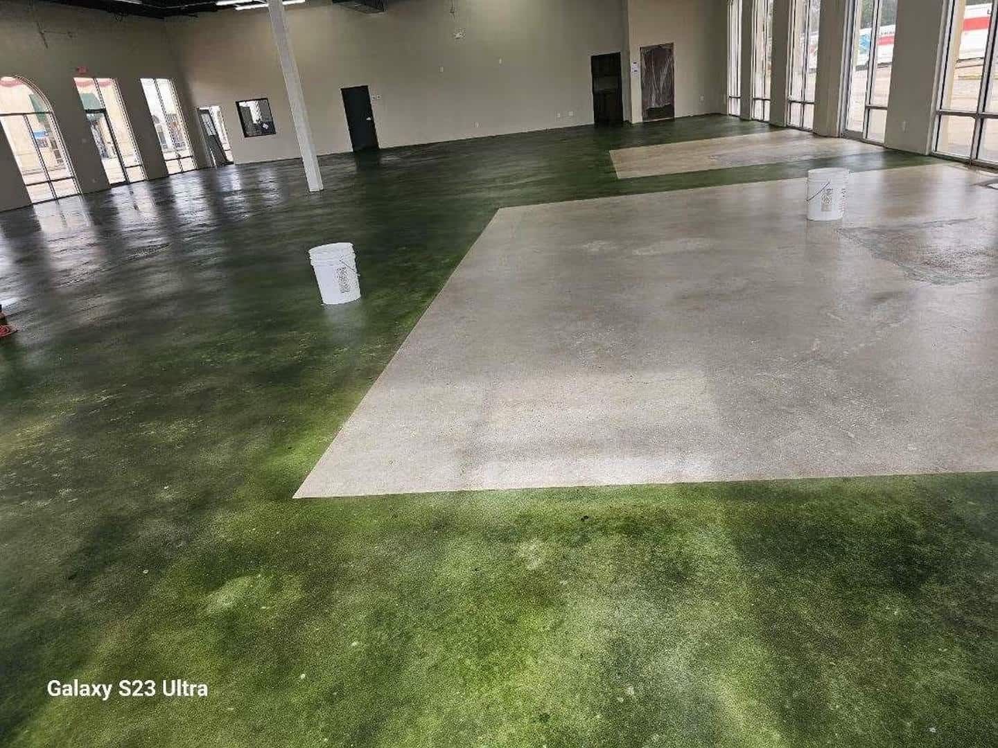 Green and gray concrete floors in a large, empty room with windows and doors.