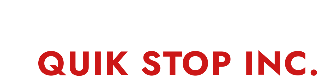 The word quik stop is written in red on a white background.