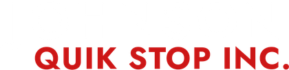 The word quik stop is written in red on a white background.