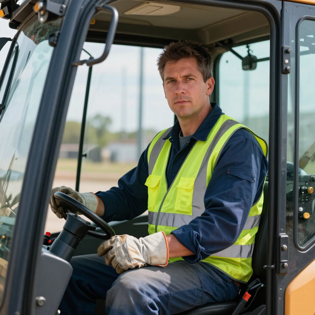 Una persona con un chaleco reflectante  sentada en la cabina de un vehículo de construcción, mirando hacia adelante.