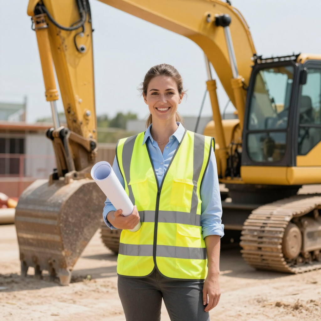 Un jefe  con chaleco amarillo de alta visibilidad, sostiene un plano enrollado delante de una excavadora amarilla.