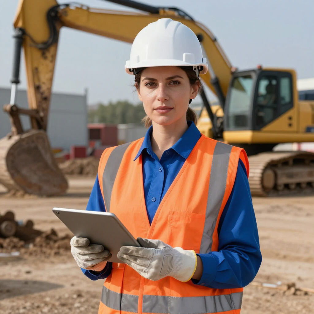 Obrero de la construcción con chaleco de seguridad y casco, sosteniendo una tableta, con una excavadora amarilla al fondo.