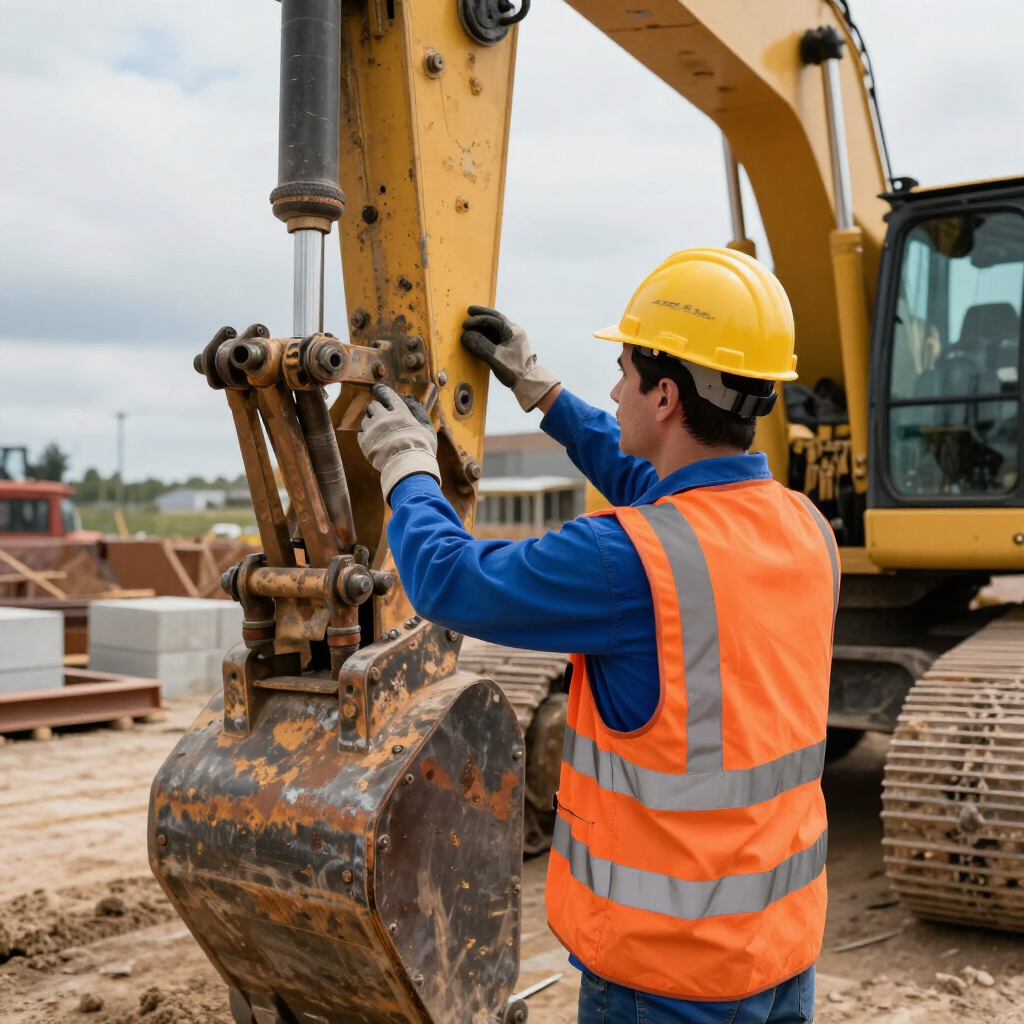 Un obrero de la construcción con casco amarillo inspecciona el brazo mecánico de una excavadora.