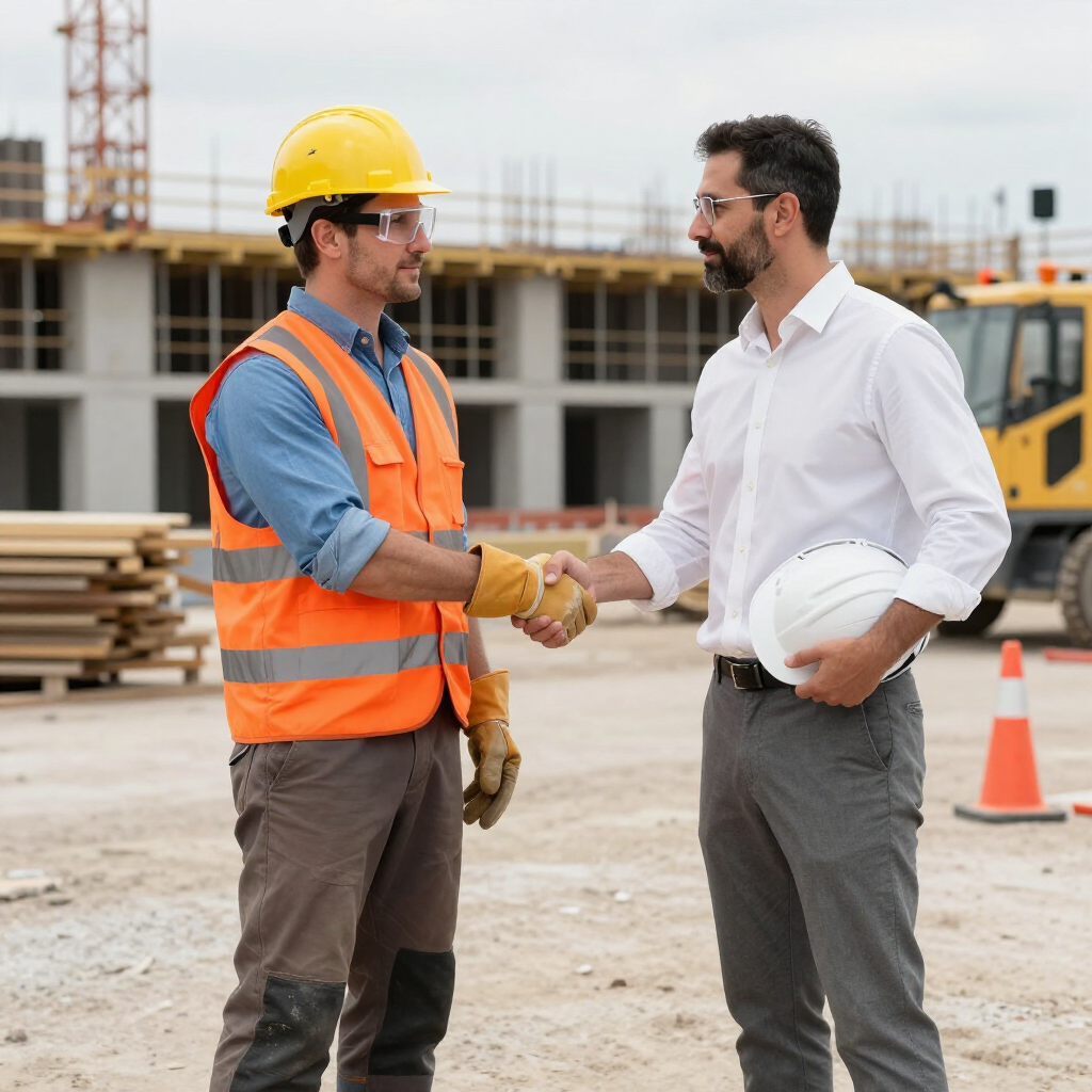 Un obrero de la construcción con un chaleco reflectante y un profesional con camisa blanca se dan la mano en una obra.