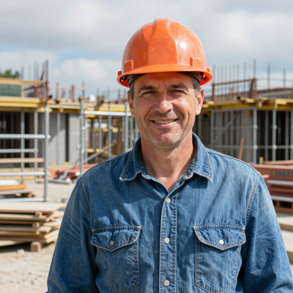 Un obrero de la construcción sonriente, con casco naranja y camisa vaquerapleno funcionamiento.