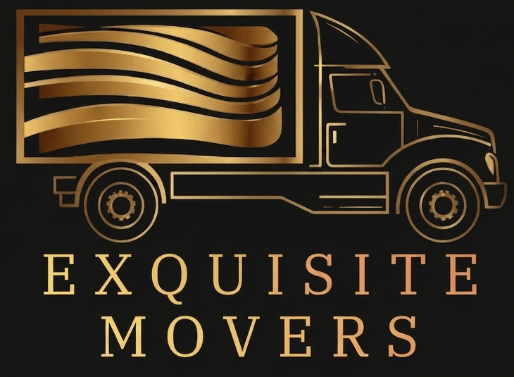 Gold outline logo of a moving truck with stylized flag and text &ldquo;EXQUISITE MOVERS&rdquo; on a black background