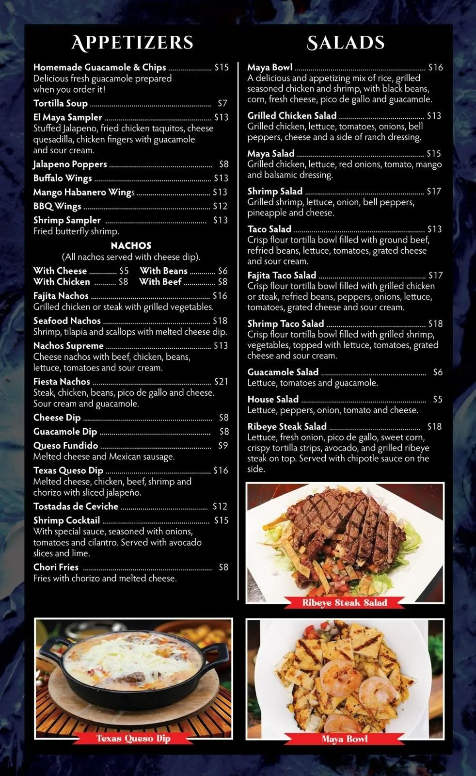 Menu with appetizer and salad options; photos of dishes shown.