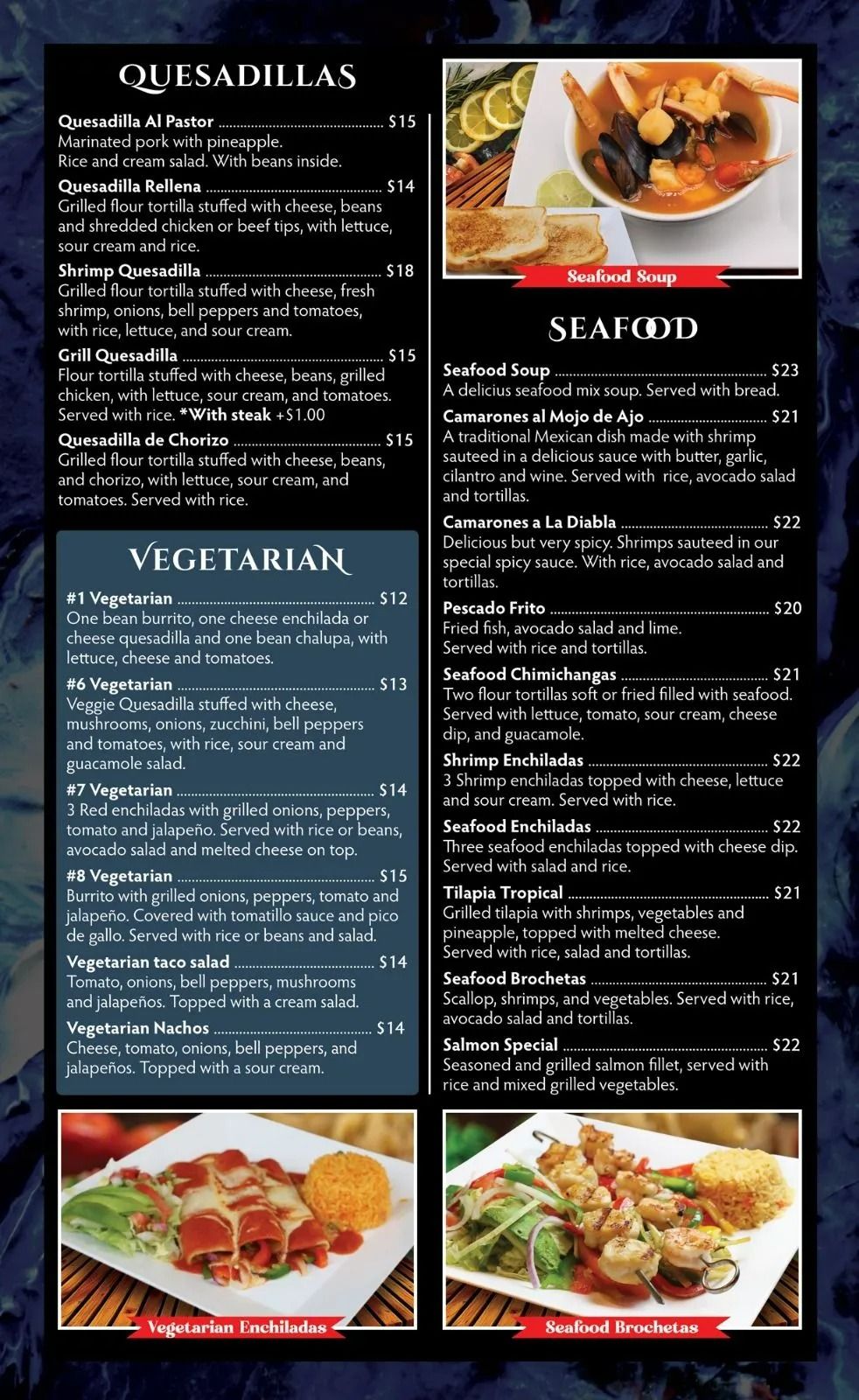 Menu with side orders and lunch options, set against a dark, textured background.