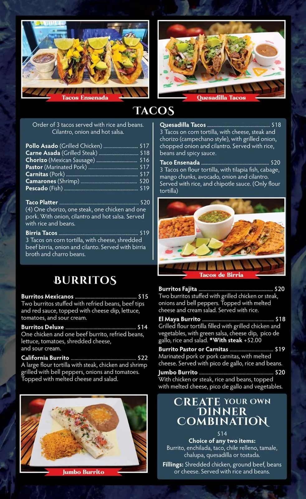 Menu with taco and burrito options, pricing, and images of the food.