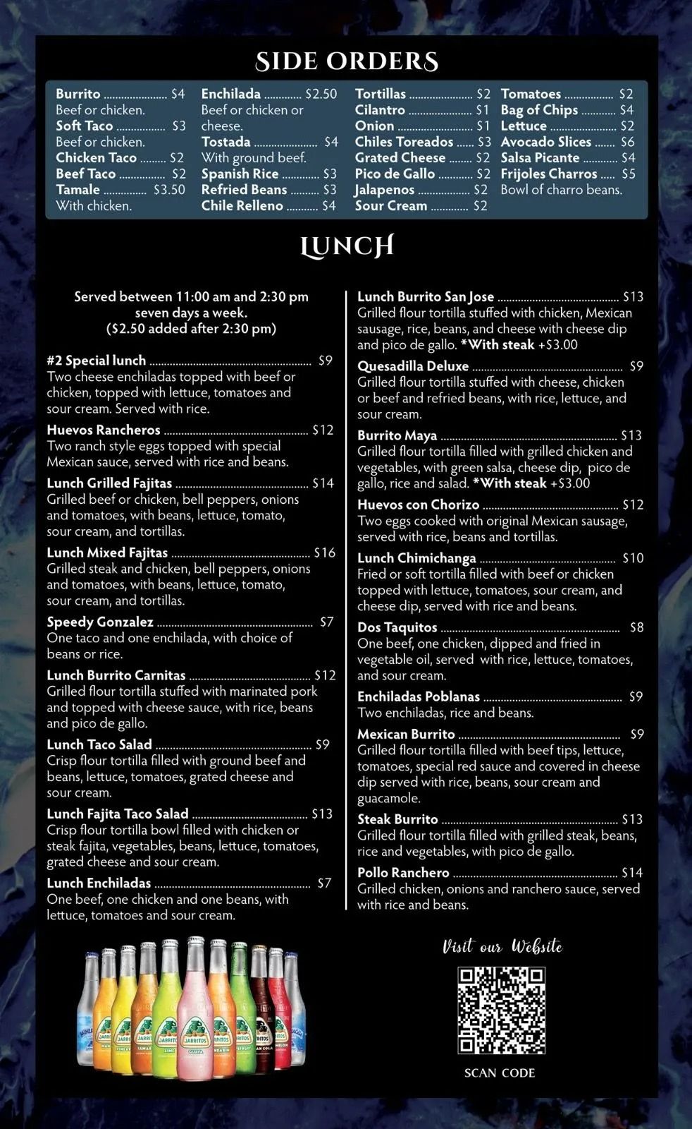 Menu with sections for quesadillas, seafood, vegetarian, with food photos.