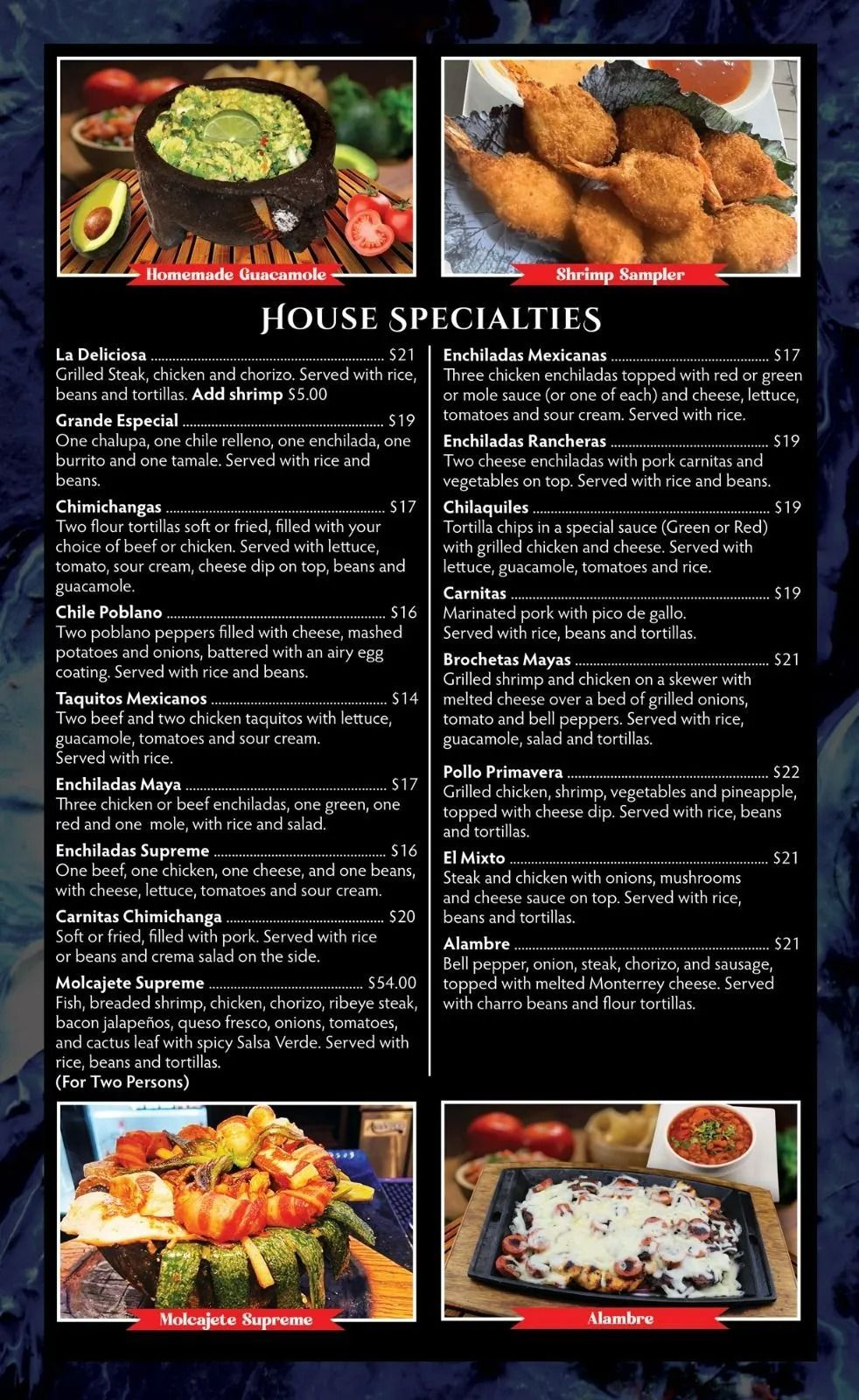 Restaurant menu featuring guacamole, fried shrimp, seafood dish, and enchiladas.
