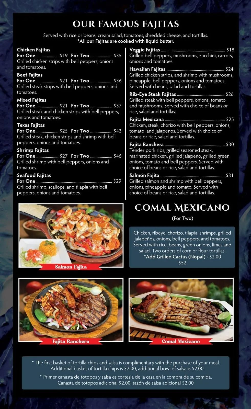 Menu page featuring fajitas; includes pictures, prices, and descriptions of dishes.