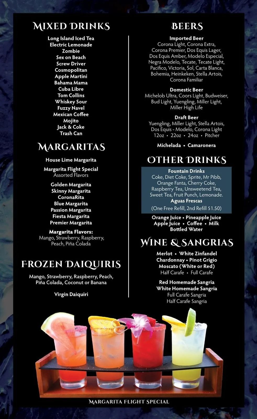 Menu with cocktail categories and a tray of colorful drinks.