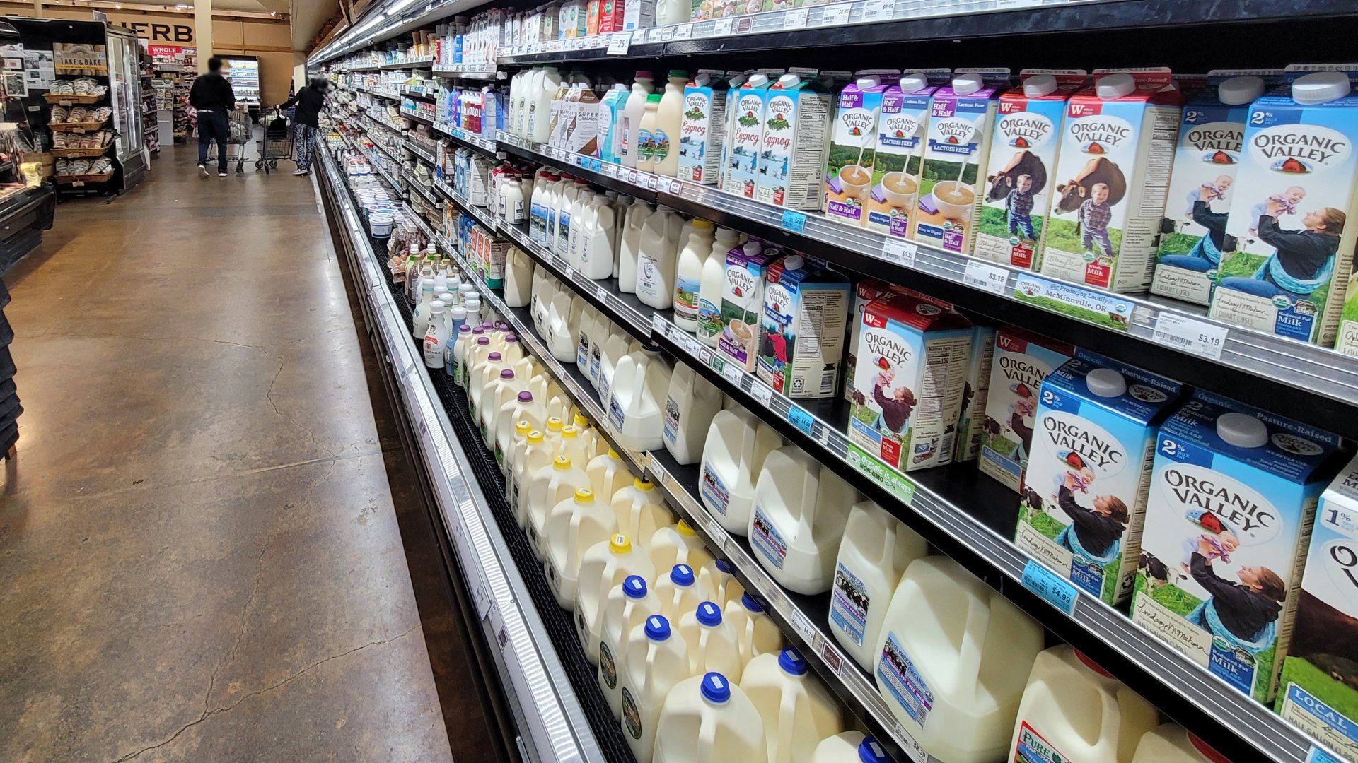 A long aisle in a supermarket, displaying various milk cartons and jugs in a refrigerator. A person is walking in the background.