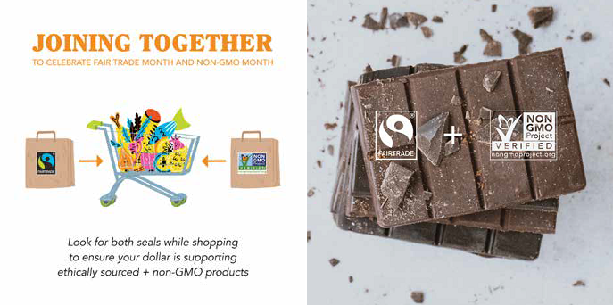 Advertisement for Fair Trade and Non-GMO products, showing a shopping cart and chocolate bar. Text promotes ethical sourcing.