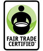 Fair Trade Certified logo: a person holding a bowl, inside a green circle, with text 