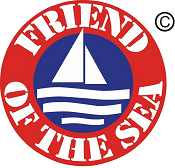 Friend of the Sea logo: Red circle with white text, a blue inner circle featuring a white sailboat and ocean waves.