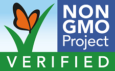 Non-GMO Project Verified seal with a butterfly on a green checkmark, set against a blue and white background.