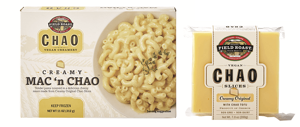 Two Chao brand food products: Mac 'n Chao box and Creamy Original cheese block. Both have a white and yellow color scheme.