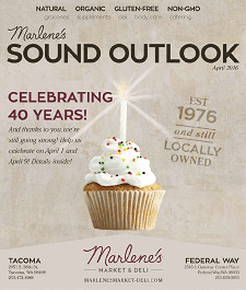 Marlene's Sound Outlook magazine cover celebrating 40 years, with a cupcake and text highlighting natural, organic, gluten-free, and non-GMO products.