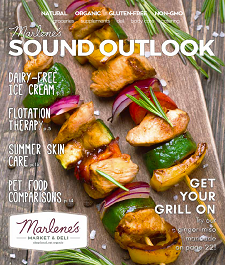 Magazine cover for Marlene's Market & Deli features a grilled kabob with chicken and vegetables. It includes topics like dairy-free ice cream, flotation therapy, and summer skin care.
