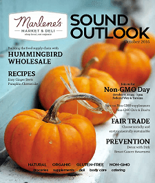 Marlene's Market & Deli October 2006 newsletter cover. Features pumpkins, promoting Non-GMO Day, Fair Trade, and Breast Cancer Awareness.