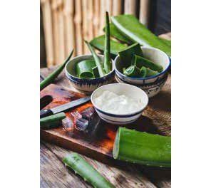 Aloe vera leaves and gel in bowls on a wooden board, with a knife and bamboo background.