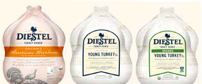 Three Diestel Turkey Farm turkey packages: organic American Heirloom, young turkey, and organic young turkey.