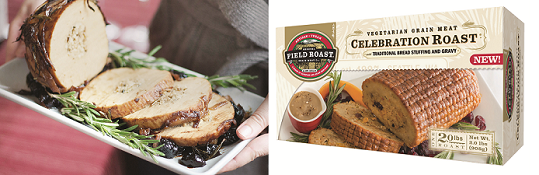 A sliced Celebration Roast dish next to its boxed packaging. Both feature a tan-colored food product.