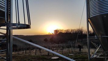 Sunset over a vineyard, viewed between metal structures. The sky is orange and yellow, trees are silhouetted, and the ground is mostly bare.