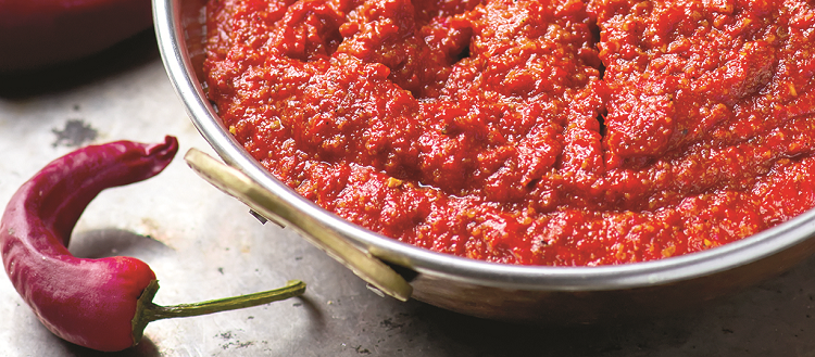 Red pepper paste in a metal bowl with a red chili pepper alongside.