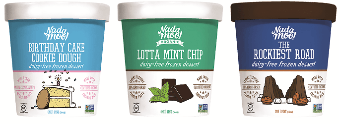 Three pints of NadaMoo dairy-free ice cream: Birthday Cake Cookie Dough, Lotta Mint Chip, and The Rockiest Road.