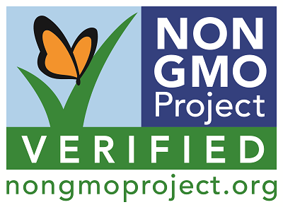 Non-GMO Project Verified logo with a butterfly on green leaves and blue and white text.