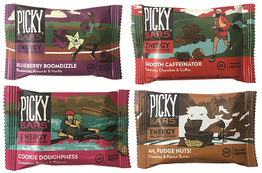 Four Picky Bars energy bars with illustrations of athletes and flavor descriptions.