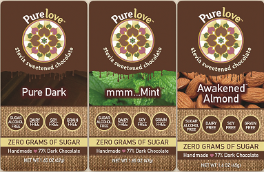 Three Purelove chocolate bar packages: Pure Dark, mmm...Mint, and Awakened Almond. Each brown package lists 