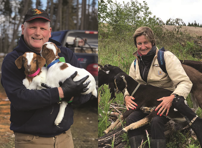Two people, a man and a woman, holding and petting goats. Man holds two white and brown goats; woman holds a black goat.
