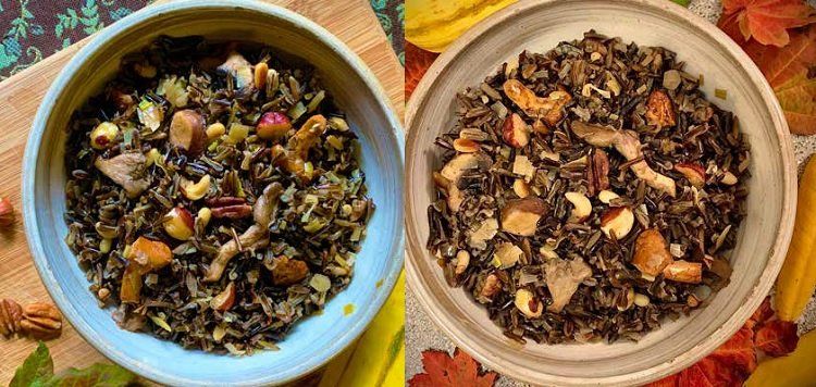 Two bowls of wild rice with nuts and mushrooms, on a wood surface and autumn leaves.