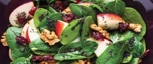 A spinach salad with apple slices, dried cranberries, walnuts, and dressing. The salad is served in a dark purple bowl.