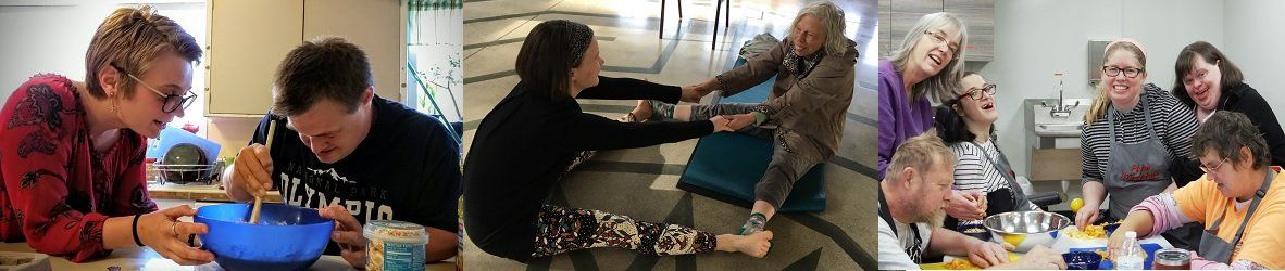 People are in a kitchen setting, some smiling, and interacting with each other while mixing ingredients and having fun together.