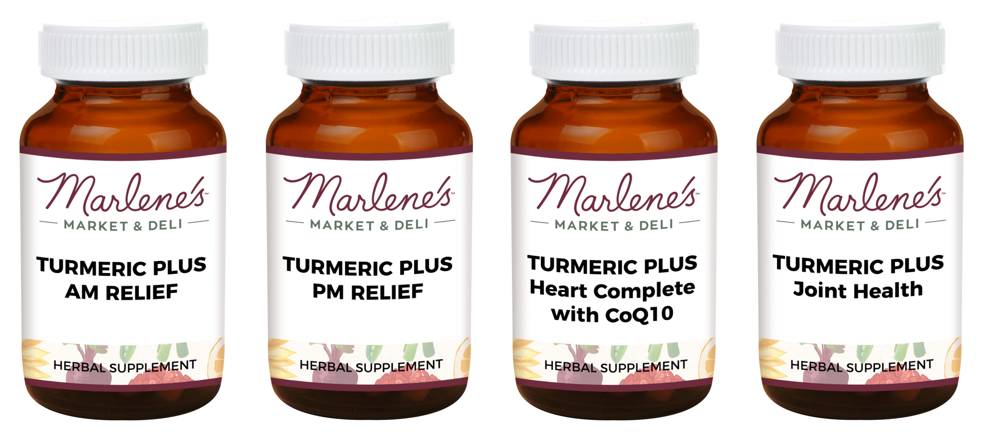 Four bottles of Marlene's Turmeric Plus supplements, labeled 