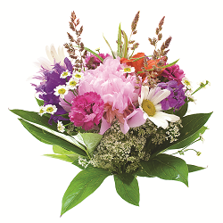 Bouquet of colorful flowers including pink peonies, purple statice, and white daisies, with green foliage.